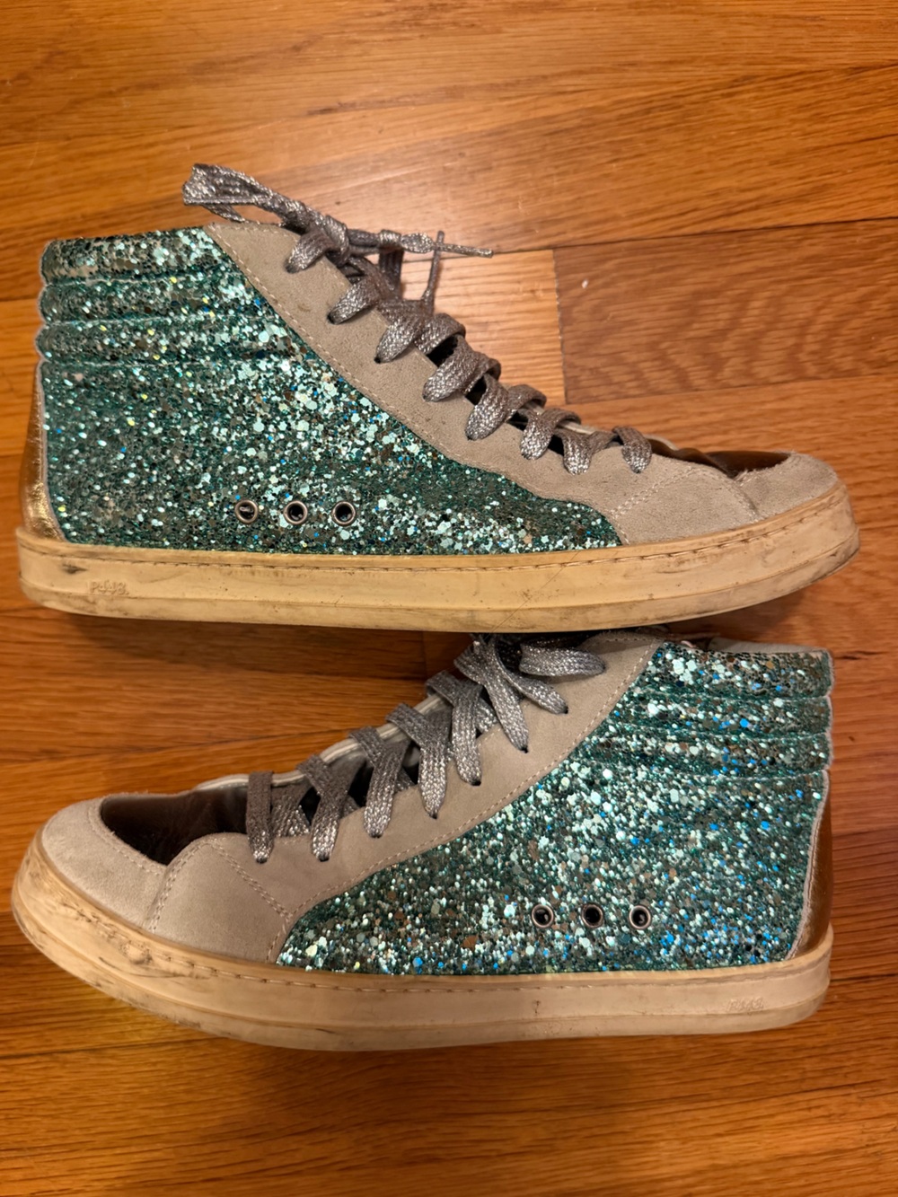 P448 Women’s Mid Top Sneakers in Turquoise Glitter, size 8.5